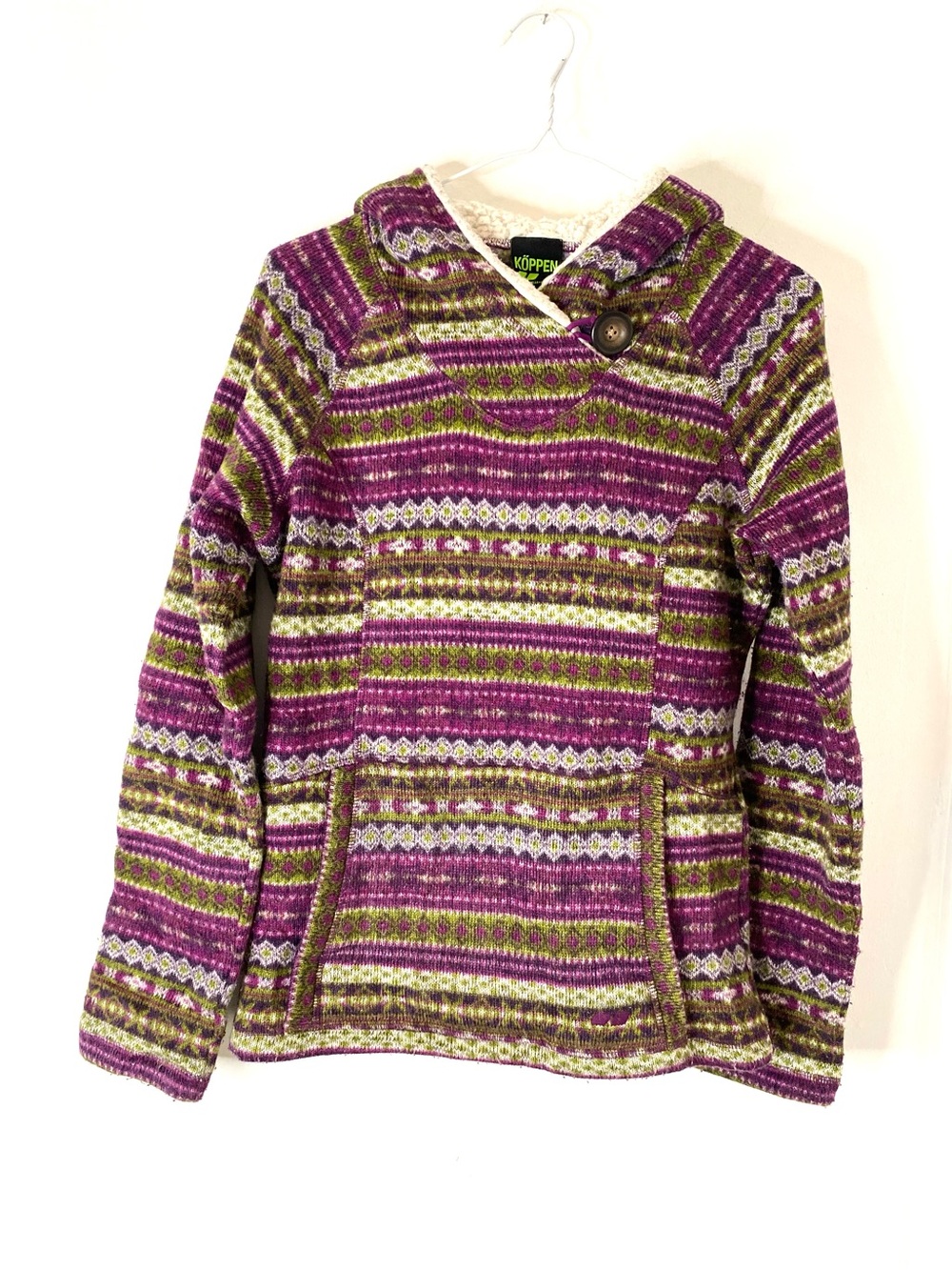 Köppen Purple Green Fair Isle Sherpa Lined Hooded Sweater Pullover